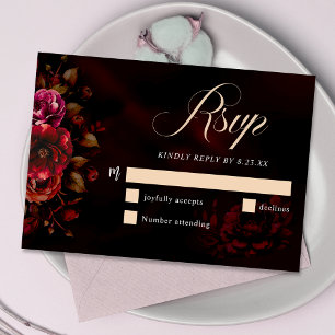 Elegant chic moody red black floral Wedding  RSVP Card