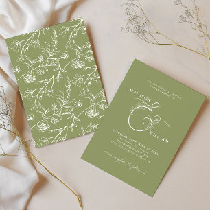 Elegant Chic Moss Green Floral Ampersand Wedding Invitation