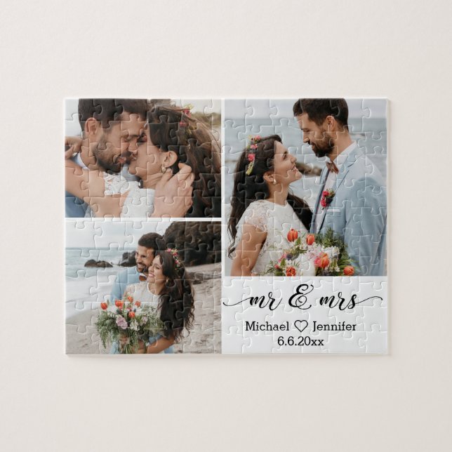 elegant chic mr & mrs wedding 3 photo collage  jig jigsaw puzzle (Horizontal)