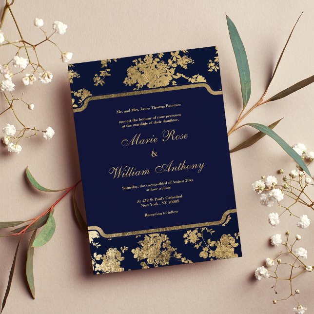 Elegant chic navy blue faux gold floral Wedding Invitation (Elegant chic navy blue faux gold floral Wedding Invitation)
