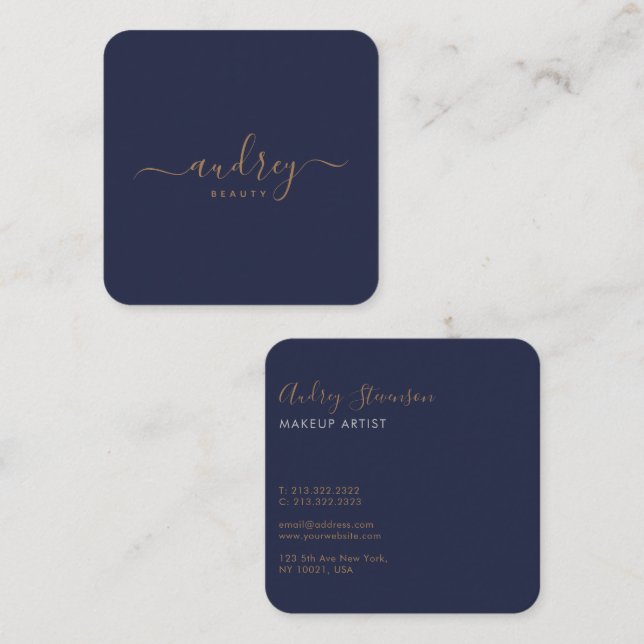 Elegant Chic Navy Blue Gold Signature Square Business Card (Front/Back)