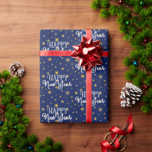 Elegant Chic Navy Blue & Gold Stars Happy New Year Wrapping Paper