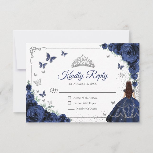 Elegant Chic Navy Blue Silver Quinceanera Reply RSVP Card (Front)