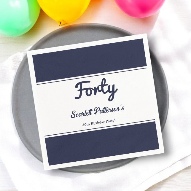 Elegant Chic Navy Blue White Modern 40th Birthday Napkin (Creator Uploaded)