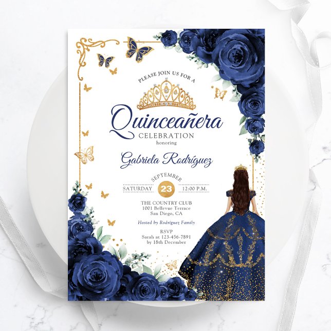 Elegant Chic Navy Roses Floral Gold Quinceanera Invitation (Creator Uploaded)