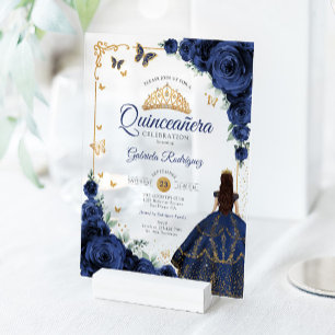 Elegant Chic Navy Roses Gold Quinceanera Acrylic Invitations