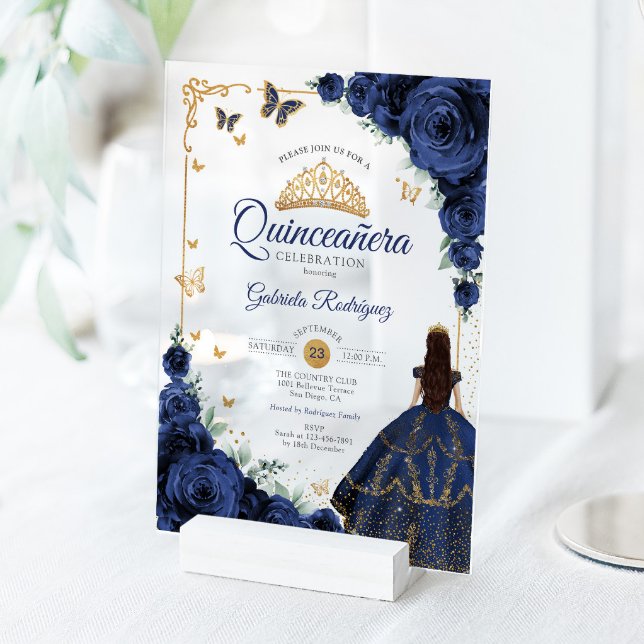 Elegant Chic Navy Roses Gold Quinceanera  Acrylic Invitations (Creator Uploaded)