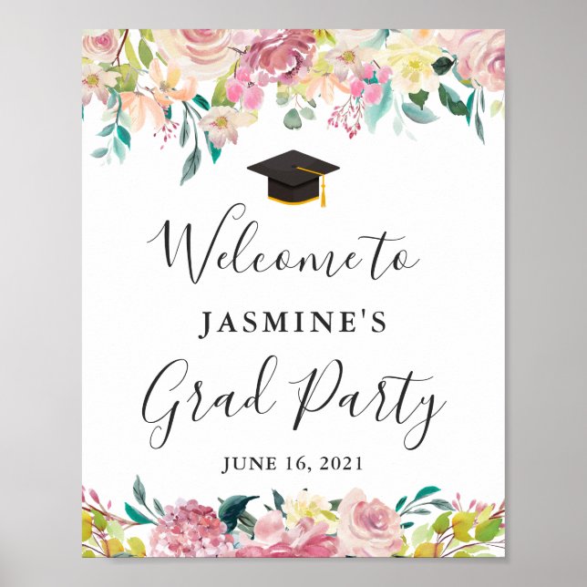 Elegant Chic Pastel Floral Graduation Party Sign (Front)