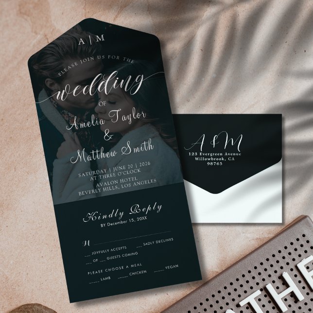 Elegant Chic Photo Black and White RSVP Wedding All In One Invitation (Elegant Chic Photo Black and White RSVP Wedding All In One Invitation)