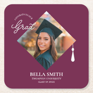 Elegant Chic Photo Script Graduation Party Custom Square Paper Coaster