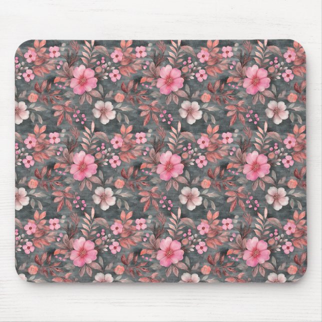 Elegant Chic Pink and Grey Floral Patterned  Mouse Pad (Front)