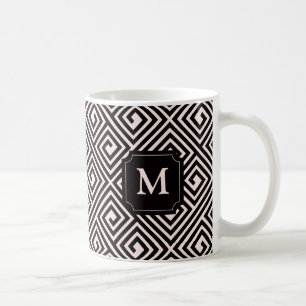 Elegant Chic Pink Black Greek Key Pattern Monogra Coffee Mug