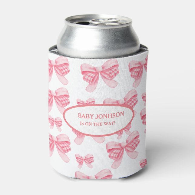 Elegant & Chic Pink Bow Girl Baby Shower Can Cooler (Can Front)