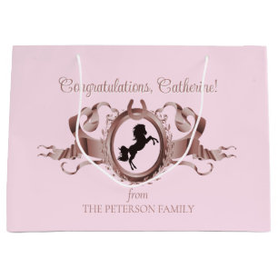 Elegant Chic Pink Equestrian Ribbon Crest Name Large Gift Bag