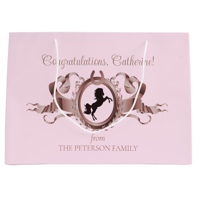 Elegant Chic Pink Equestrian Ribbon Crest Name Large Gift Bag (Front)