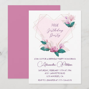 Elegant Chic Pink Floral 98th birthday Invitation