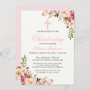 Elegant Chic Pink Floral Christening Baptism Invitation