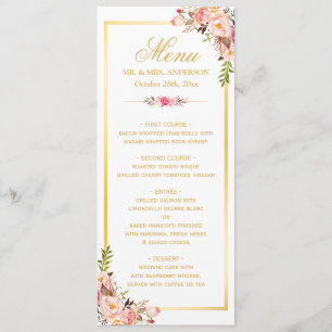 Elegant Chic Pink Floral Gold Frame Wedding Menu