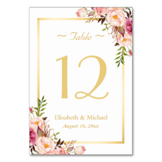 Elegant Chic Pink Floral Gold Wedding Table Number Table Card