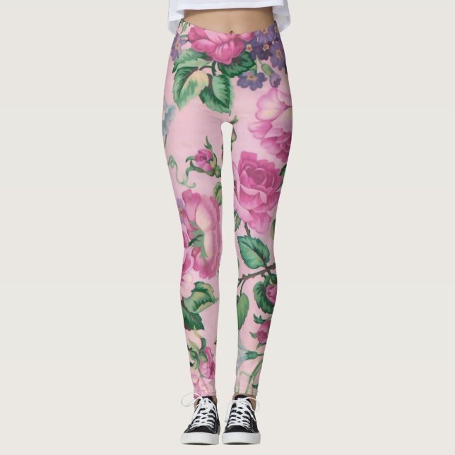 Elegant chic Pink Floral pattern Leggings (Front)