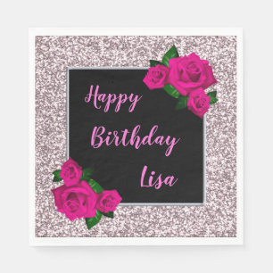 Elegant Chic Pink Glitter Pink Roses Birthday Napkin