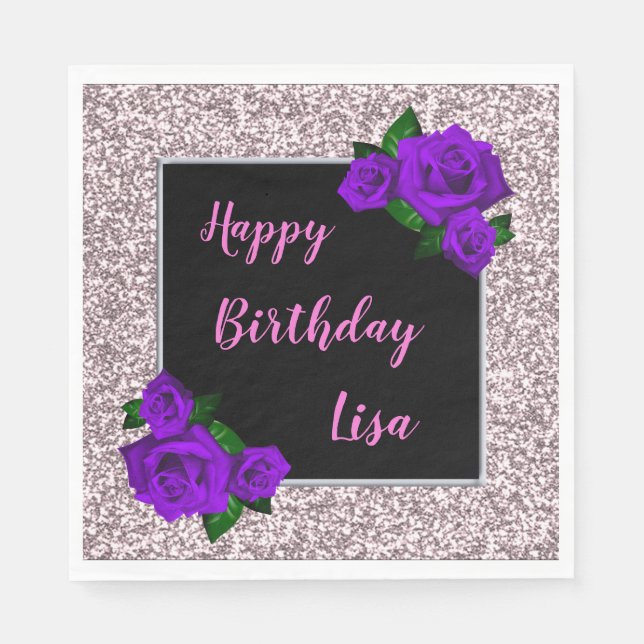 Elegant Chic Pink Glitter Purple Roses Birthday Napkin (Front)