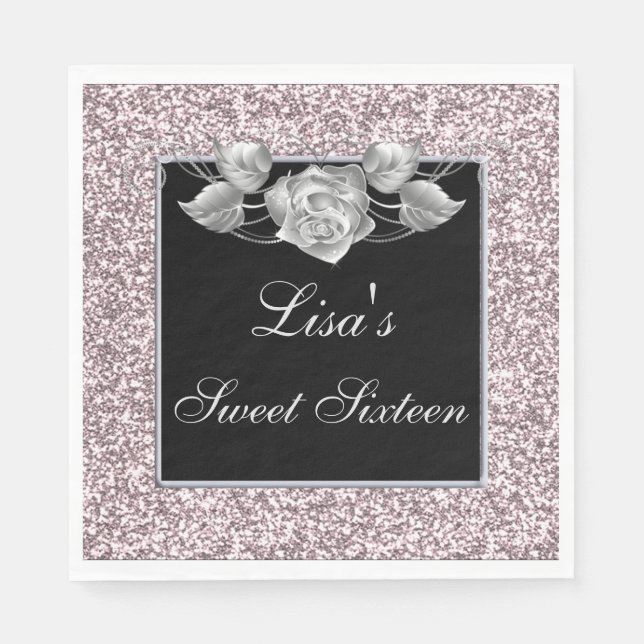 Elegant Chic Pink Glitter Silver Rose Sweet 16 Napkin (Front)