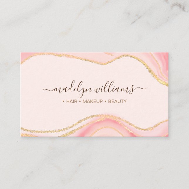 Elegant Chic Pink Gold Glitter Marble Agate Script Business Card (Front)