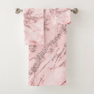 Elegant chic pink grey silver marble bath towel set