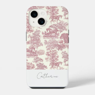 Elegant Chic Pink Horse Toile Name iPhone 14 Case