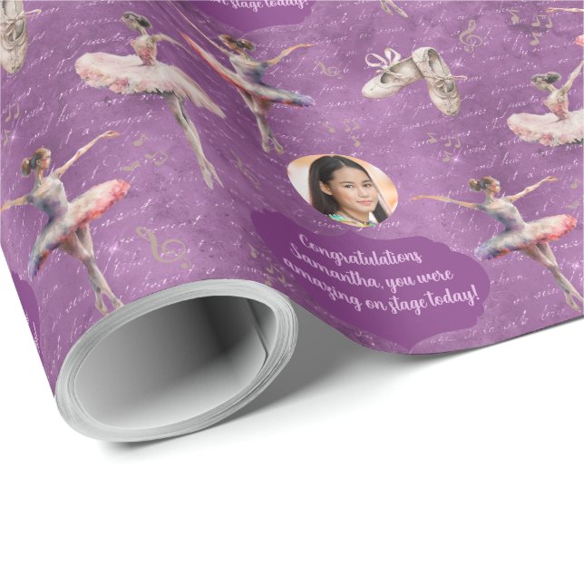 Elegant Chic Pink Purple Name Text Photo Ballerina Wrapping Paper (Roll Corner)