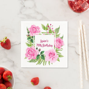 Elegant Chic Pink Roses 70th Birthday Napkin