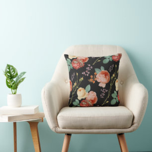 Elegant Chic Pink Roses Floral on Black Cushion