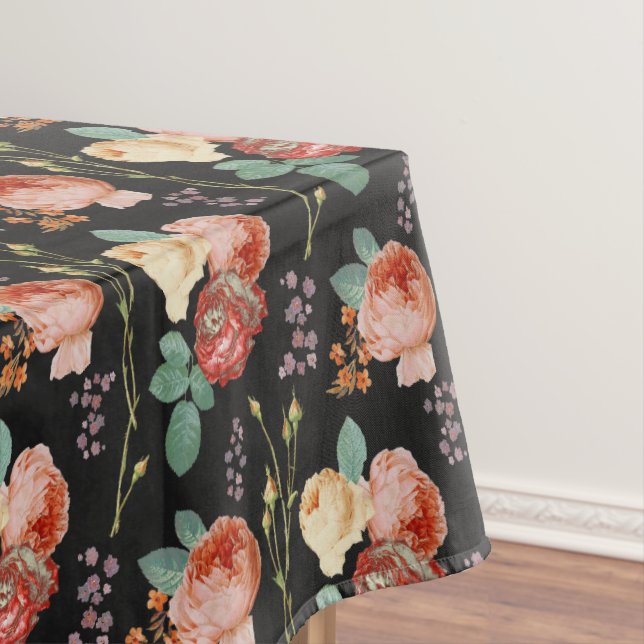 Elegant Chic Pink Roses Floral on Black  Tablecloth (In Situ)