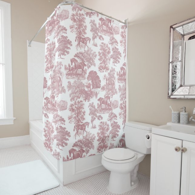 Elegant Chic Pink Rustic Horses Toile Shower Curtain (In Situ)