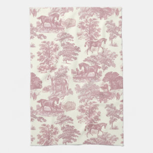 Elegant Chic Pink Rustic Horses Toile Tea Towel