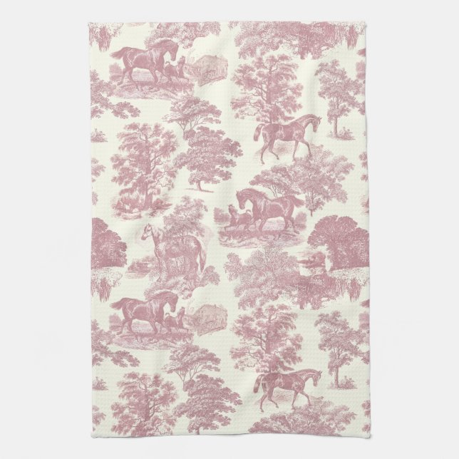 Elegant Chic Pink Rustic Horses Toile Tea Towel (Vertical)