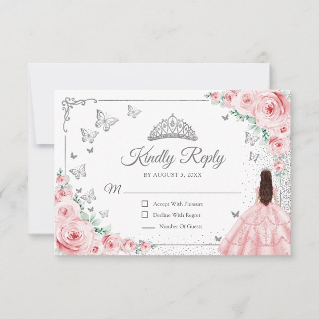 Elegant Chic Pink Silver Quinceanera Reply RSVP Card (Front)