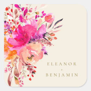 Elegant Chic Pink Watercolor Floral Wedding Cream Square Sticker