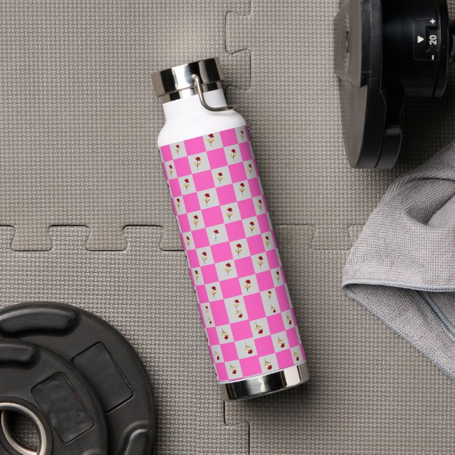  Elegant Chic Pink & White Plaid Flower  Water Bottle (Gym)