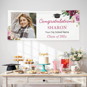 Elegant Chic Purple Floral Photo Graduation Party Banner