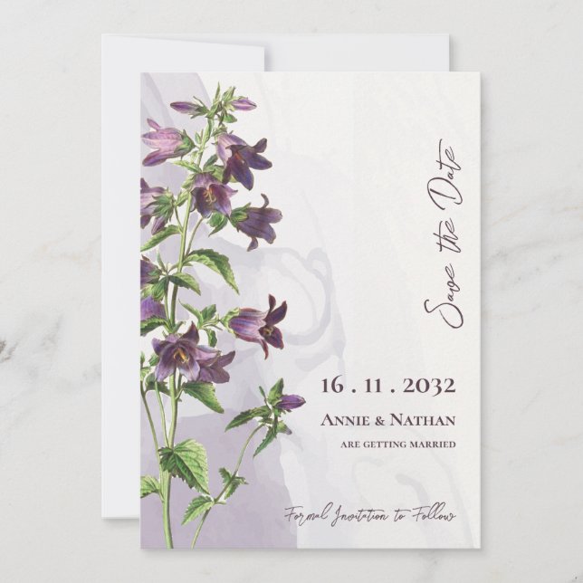 Elegant Chic Purple Floral Script Wedding Save The Date (Front)