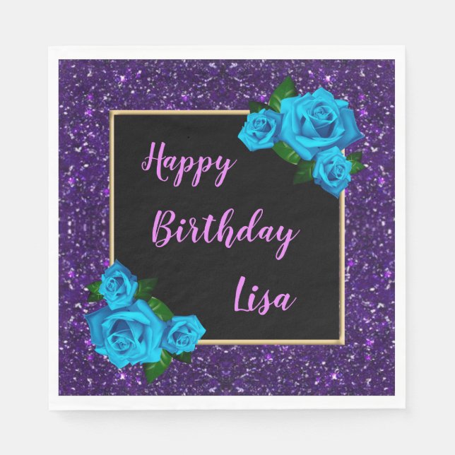 Elegant Chic Purple Glitter Blue Roses Birthday Napkin (Front)