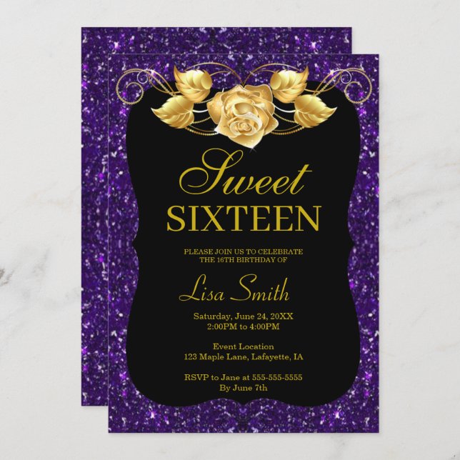 Elegant Chic Purple Glitter Gold Rose Sweet 16 Invitation (Front/Back)