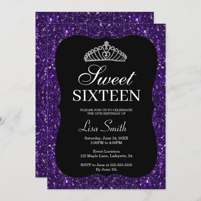Elegant Chic Purple Glitter Tiara Sweet 16 Invitation (Front/Back)