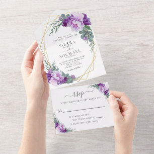 Elegant Chic Purple & Gold Floral Wedding All In One Invitation