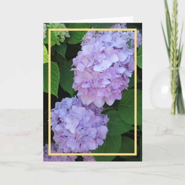 Elegant Chic Purple Hydrangeas Flowers Gold Frame Card (Front)