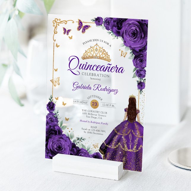 Elegant Chic Purple Roses Gold Quinceanera  Acrylic Invitations (Creator Uploaded)