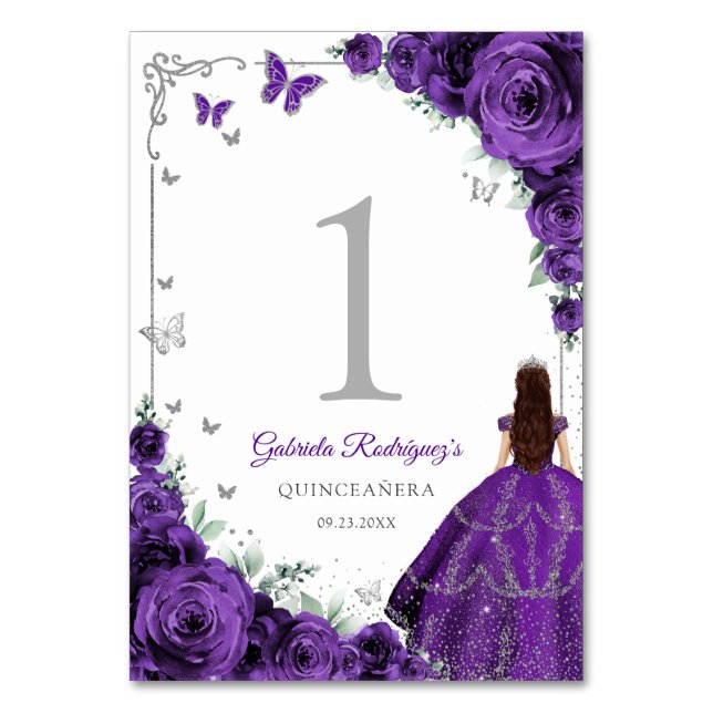 Elegant Chic Purple Roses Silver Quinceanera Table Number (Front)