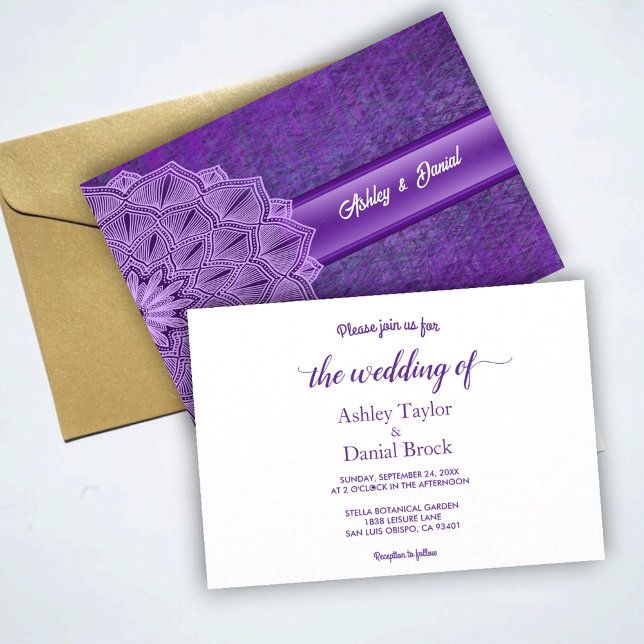 Elegant Chic Purple Script Mandala Rustic Wedding Invitation (Creator Uploaded)